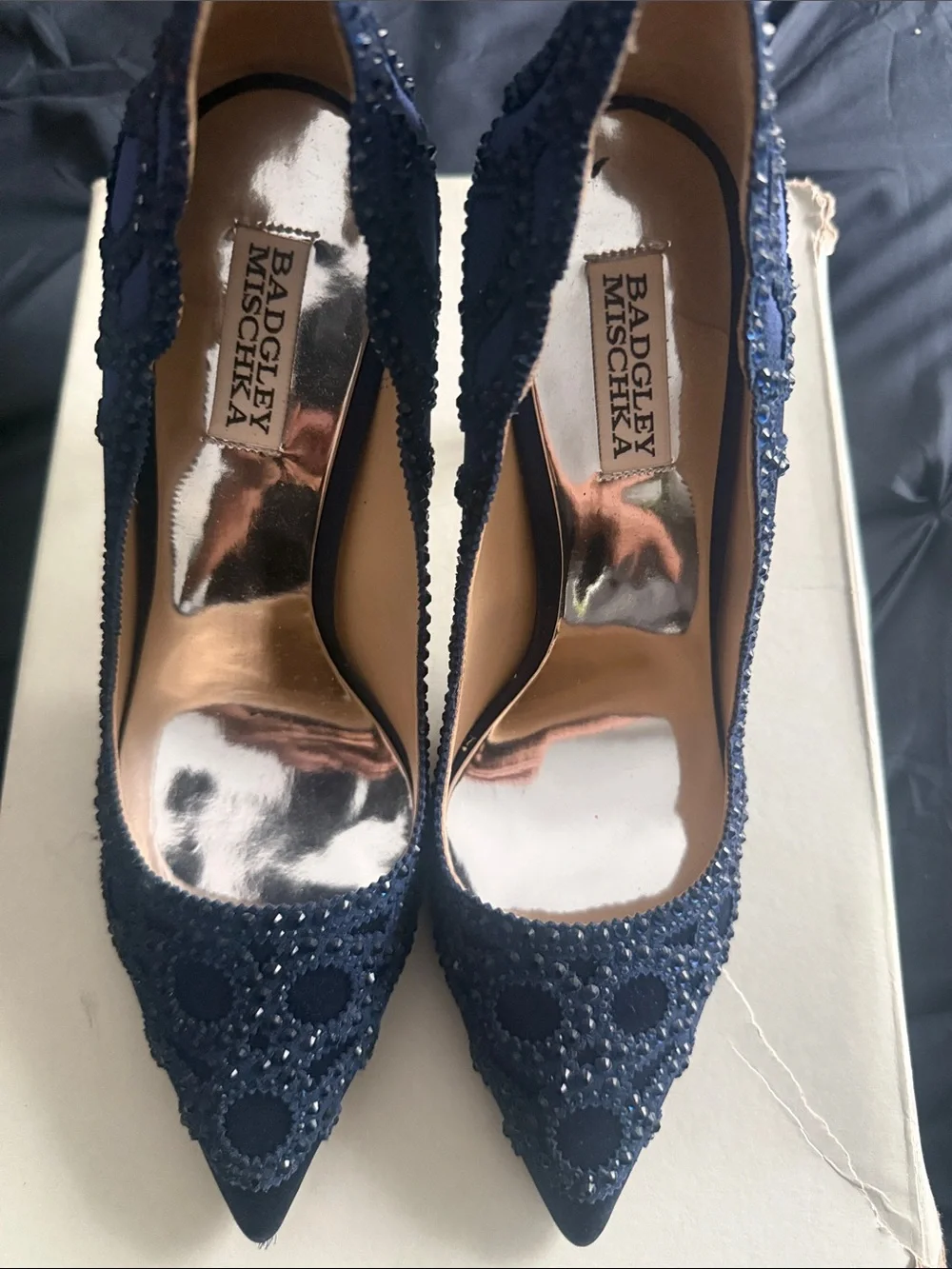 Badgley Mischka Navy Beaded Pointed-Toe Pumps